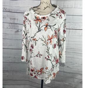 Chicos 2 Shirt Womens L Floral Slub Knit 3/4 Sleeves Cotton Blend Scoop Neck